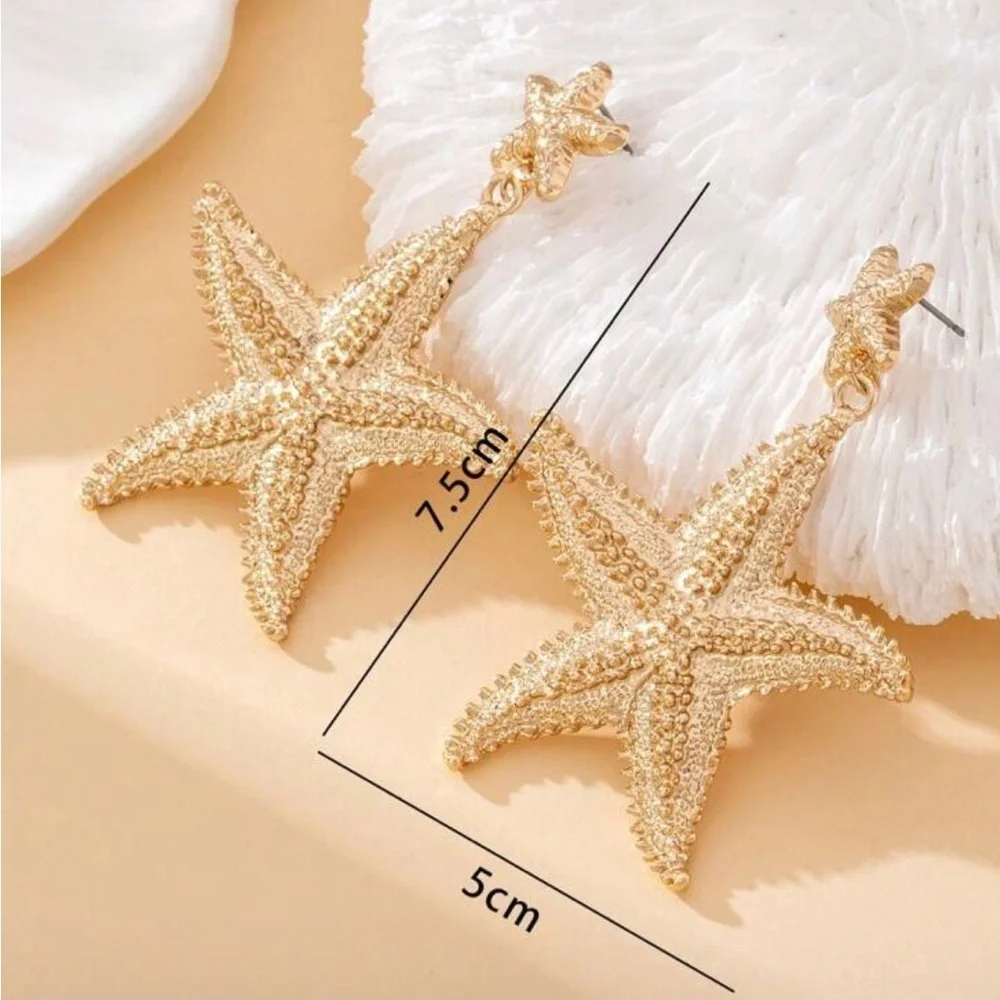 Fashion Statement Starfish Beach Ocean Gold Plated Dangle Drop Earrings